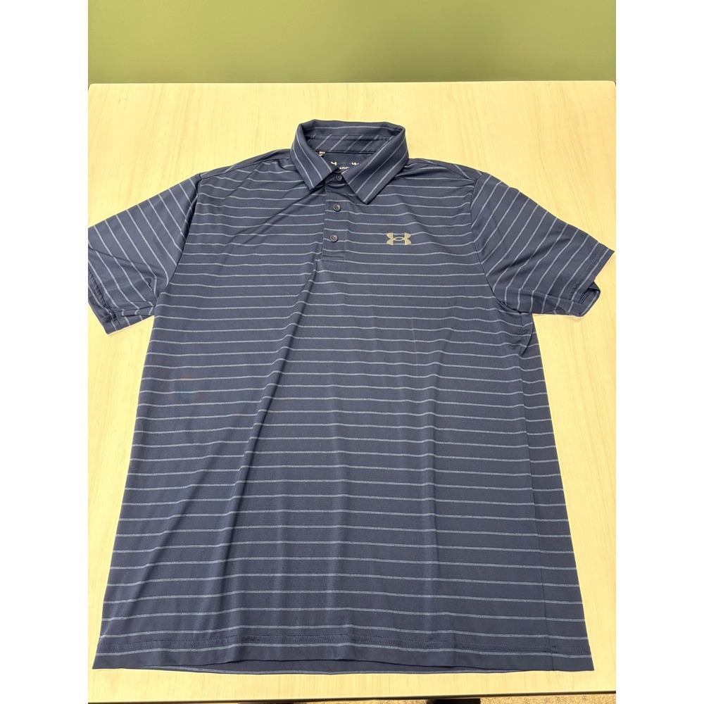 Under Armour Boys Large Playoff Polo Navy Blue Striped Golf Performance Shirt